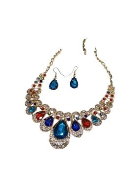 Gold-Tone Multicolor Teardrop Statement Necklace Earring Set FINAL PRICE DROP